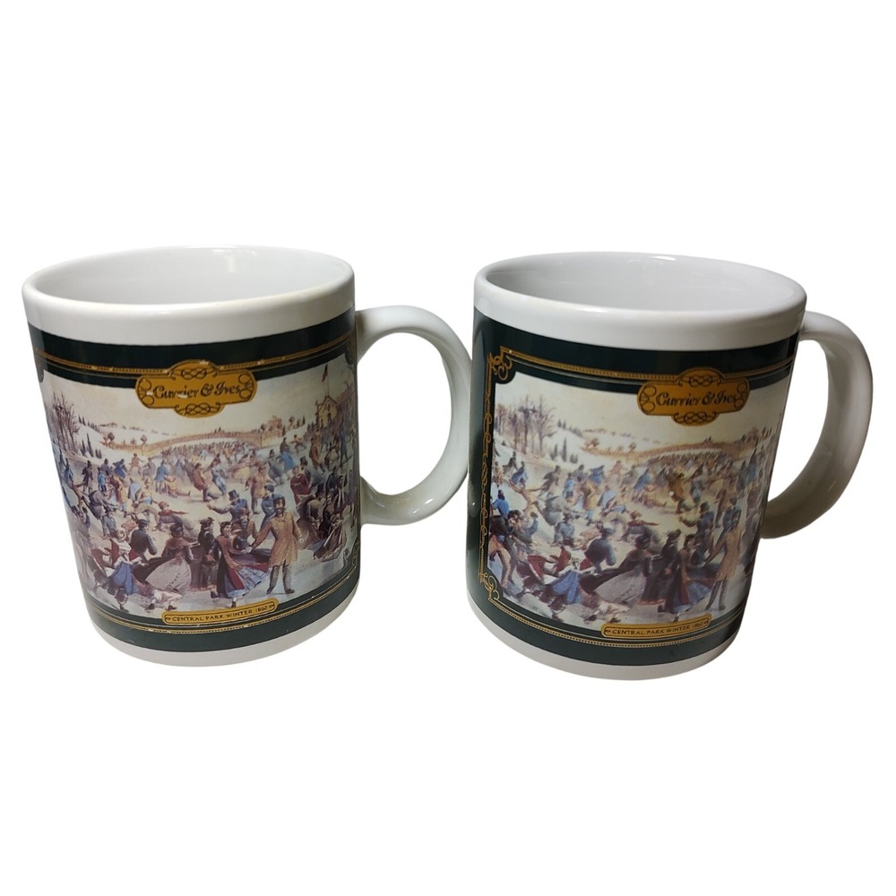 Currier and Ives Coffee Mug Central Park Winter 1862 Houston Food Lot of Two SEE